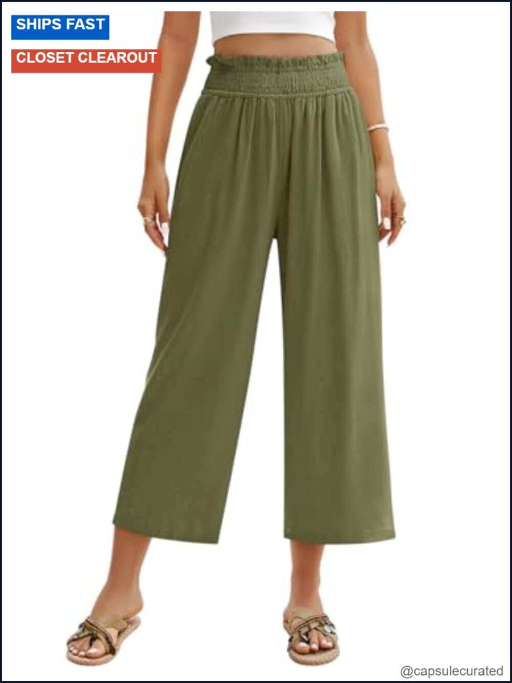 Linen Capri Pants Wide Leg Elastic High Waist Casual Cropped Pants with Pockets